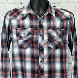Rock & Republic Button Front Shirt Roll Tab Long Sleeve Plaid Red Mens S Small